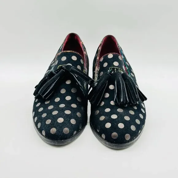 L'Artiste Shoes Womens 38 US 7.5 8 Black Gold Polka Dot Loafers Tassel Heels - Picture 4 of 13